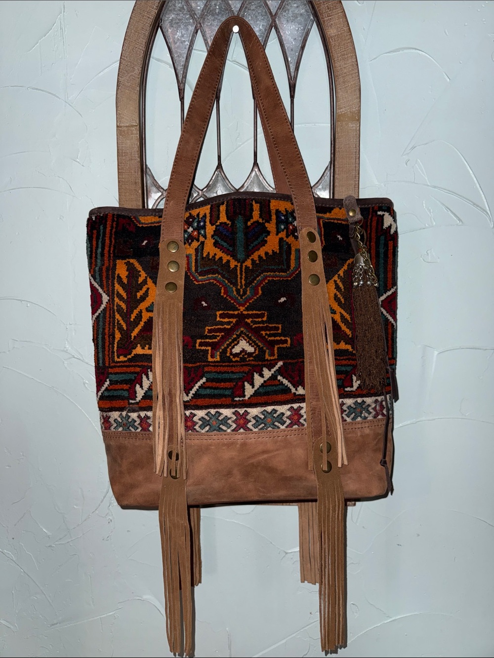 Fringed Suede and Woven Tote Bag in Brown and Multicolor